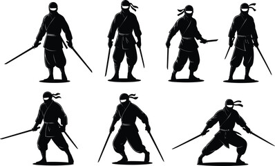 Obraz premium Collection Of Japanese Ninja Warrior Silhouette Characters Holding Katana Swords For Martial Arts Design Vector.