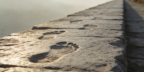 Footprints on a stone wall by the water's edge at sunset