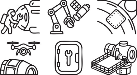 Obraz premium Astronaut repairing satellite robotic arm drone and space station wrench