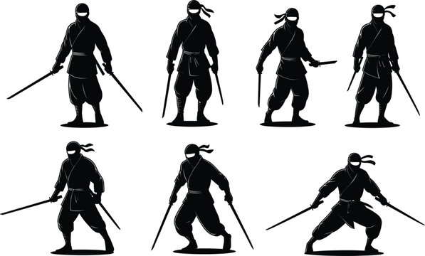 Collection Of Japanese Ninja Warrior Silhouette Characters Holding Katana Swords For Martial Arts Design Vector.