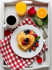 Heart Shaped Pancakes Breakfast With Fresh Fruit, Coffee, Orange Juice, and Rose on Tray