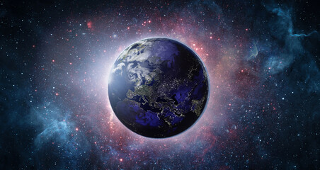 Obraz premium Panoramic view of the Earth, stars and galaxy. Planet Earth, view from space. Elements of this image furnished by NASA.