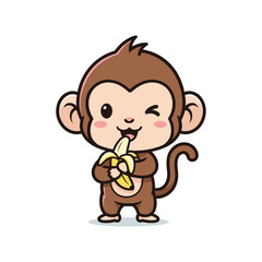 Cartoon Monkey Eating Banana Vector Illustration