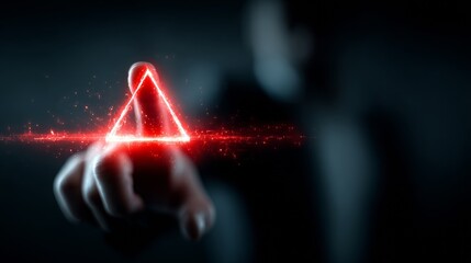 Futuristic hand interacting with glowing red triangle energy portal, symbolizing innovation, danger, or critical decision making.