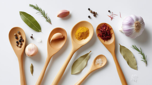 Different spices and herbs on wooden spoons with garlic and bay leaves - Powered by Adobe