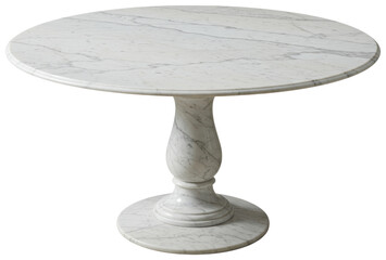 Round white marble dining table with elegant pedestal base on a transparent background