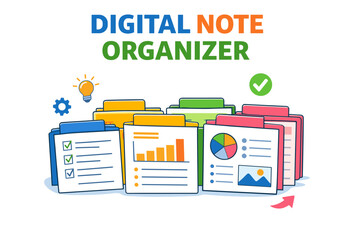 Digital note organizer with colorful folders and infographics