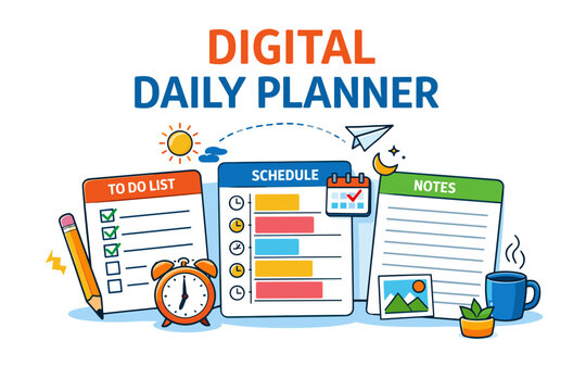 Digital daily planner: organized schedule, to-do list, and notes with icons - Powered by Adobe