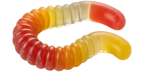 Curved Color Gradient Gummy Candy, Red Orange Yellow Transparent Segments in Spiral Shape on transparent background