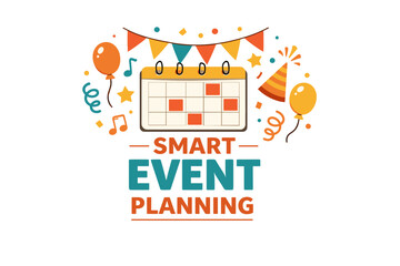 Colorful event planning celebration banner with calendar and decorations