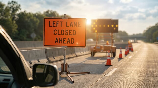 Road sign indicating left lane closed ahead, with traffic cones and construction equipment in the background, highlighting road safety and construction work