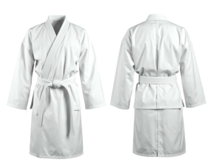 Two views of a traditional white martial arts uniform with a belt