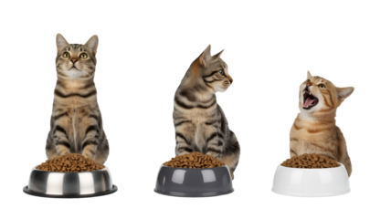 Three cute tabby cats with dry food bowls showing different reactions and poses, isolated on transparent background