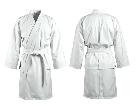 Two views of a traditional white martial arts uniform with a belt