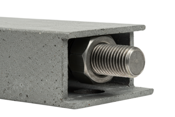 Metal beam structure with large screw bolt and nut inside on a transparent background