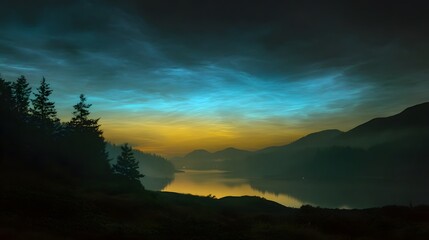 Mysterious noctilucent clouds glow over a serene twilight landscape reflecting in the water