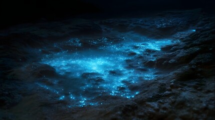 Naklejka premium Enchanting blue bioluminescence sparkles on a dark textured ocean surface at night