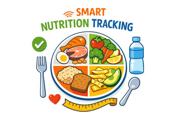 Balanced diet illustration with smart nutrition tracking concept