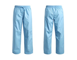 Two views of light blue loose-fitting casual trousers