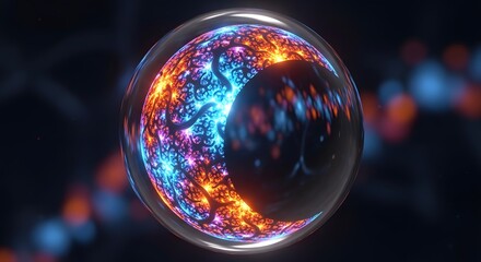 Futuristic 3D illustration of digital glowing virus cell with neon blue neural networks representing advanced medical biotechnology data science research for healthcare and prevention