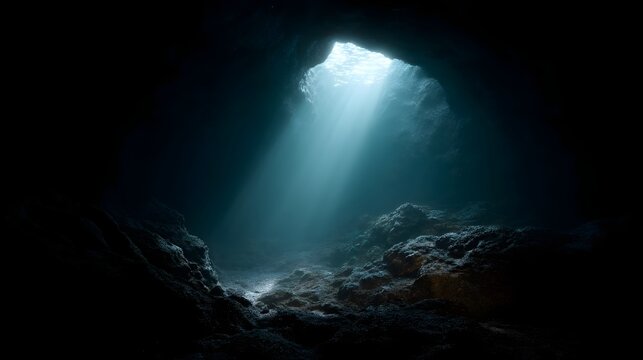 Sunlight streams through a hole in a dark underwater cave illuminating rocky formations on the ocean floor