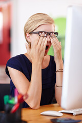 Business woman, eye strain and computer with yawn for burnout, pressure or headache in office...