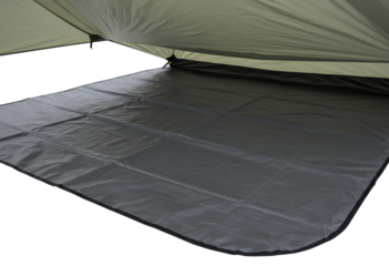 Grey waterproof camping tarp spread flat on a transparent background