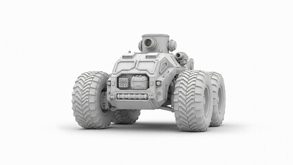 Gray futuristic robot vehicle with large wheels and headlights on a plain background transparent background