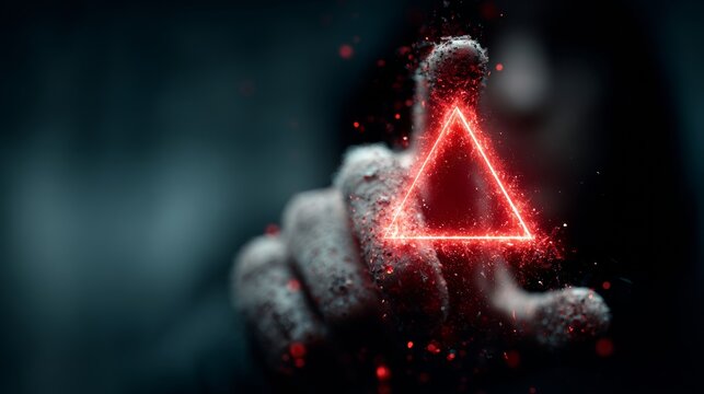 Dynamic hand reaching out, activating glowing red triangle energy burst, concept for innovation, transformation, and digital interface interaction - Powered by Adobe