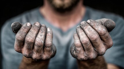 Close-up of dirty hands cupped, offering or receiving something, with a blurred background