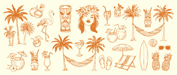 Tropical summer Hawaii doodle set with exotic hand drawn vector travel illustrations, paradise island kit featuring beach party objects, ocean rest line art and traditional Polynesian woman © RIO TOO