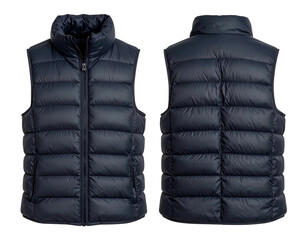Front and back view of a dark blue puffer vest