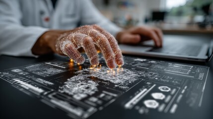 Scientist manipulates futuristic holographic interface with glowing digital data streams, symbolizing innovation and advanced research