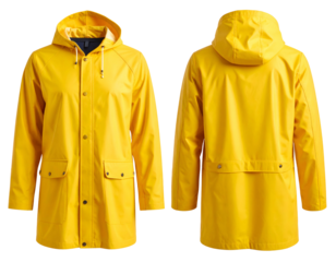 Bright yellow hooded raincoat, front and back views