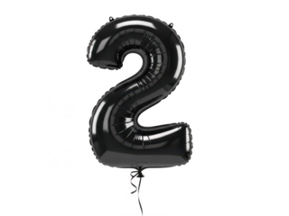 Celebratory black number two balloon floating alone isolated on transparent background