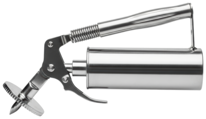 Stainless steel cookie press gun tool for baking biscuits on a transparent background
