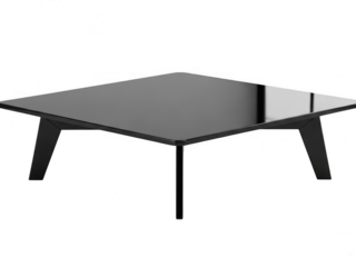 Modern black glass coffee table with angular legs isolated on transparent background