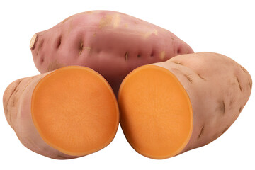 Sweet Potatoes Whole and Cut Open Revealing Vibrant Orange Flesh Closeup on transparent background