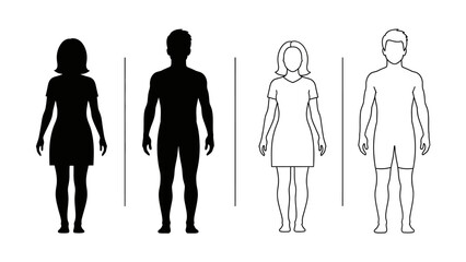 Male and Female Silhouette Vector Set – Filled and Outlined Human Figures for Gender Representation, Signage, UI, Educational, and Graphic Design Use