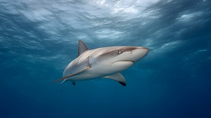 Obraz premium A sleek grey shark glides through clear blue ocean water with sunlight filtering from the surface
