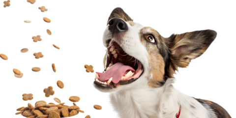 Ultra realistic dog portrait, close-up, dog with mouth open and tongue clearly visible, playful and excited expression, trying to catch falling dry dog food, many kibble pieces scattered in the air ar