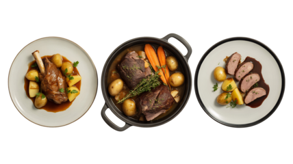 Three savory meat dishes a braised lamb shank sliced duck breast and a hearty stew pot, isolated on transparent background