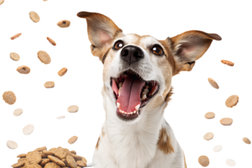 Ultra realistic dog portrait, close-up, dog with mouth open and tongue clearly visible, playful and excited expression, trying to catch falling dry dog food, many kibble pieces scattered in the air ar