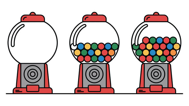 Colorful gumball machine illustration featuring three machines with different amounts of colorful balls, vector set on plain white background for fun, candy, and children&rsquo;s design