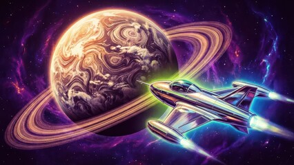 Spaceship flying by ringed planet in a vibrant galaxy. Concept of space exploration and cosmic travel. Abstract digital art illustration.