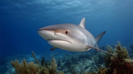 Obraz premium A powerful grey shark swims majestically in clear blue ocean water surrounded by coral reef life