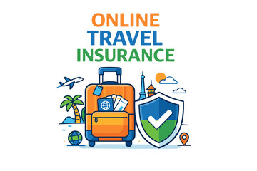 Online travel insurance concept with luggage and shield