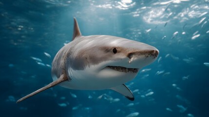 Fototapeta premium Majestic Great White Shark with Sharp Teeth Glides Through Sunlit Blue Ocean Waters Amidst Scattering Fish