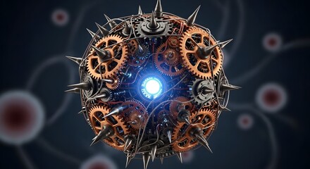 Intricate 3D illustration of a mechanical virus cell with brass gears and sharp metallic spikes representing industrial cybersecurity threats malicious software and complex technological infections