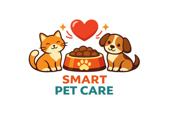 Fototapeta premium Smart pet care logo with cartoon cat and dog featuring food bowl and heart